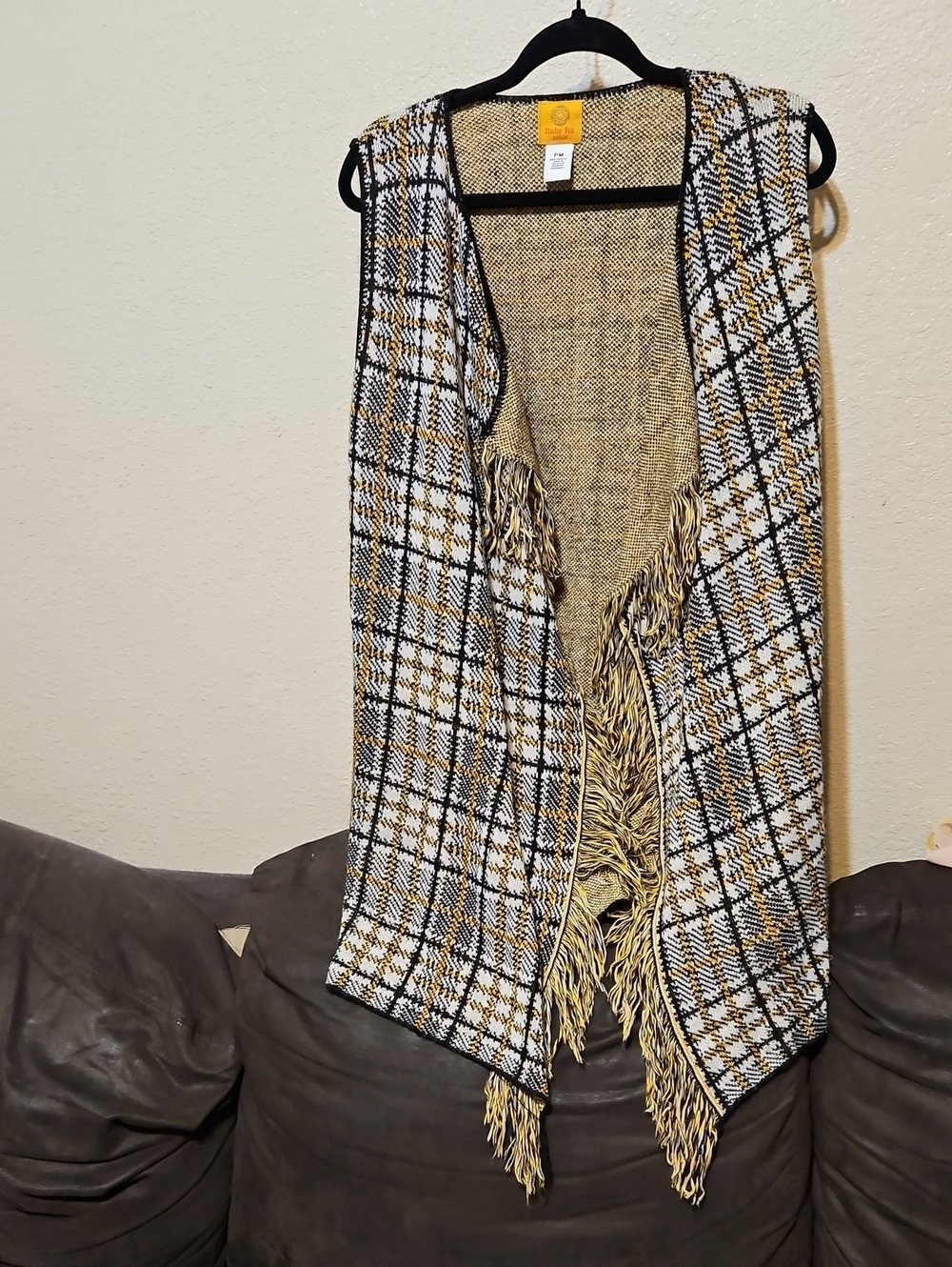 Ruby Rd. Yellow Plaid Fringe Knit Vest